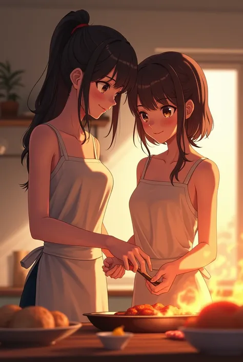     Anime Beautiful Girl Mother Daughter Mother Daughter Naked Aprons and No Underwear。Two Cooking Barbecue  