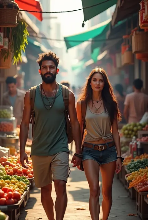 young travelers with a beard in a street market in thailand