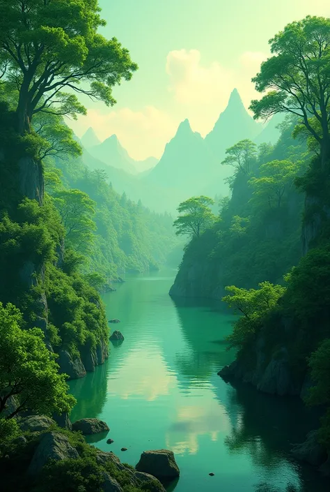  Creates a spectacular image in polychromatic shades of green ,  of a forest surrounding a lagoon and in the distance you can see the edge of the mountains, demarcated by the timid light of dawn 
