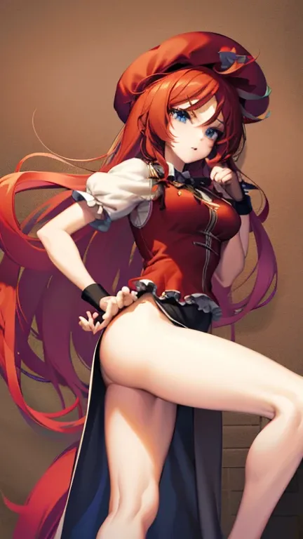 {{masterpiece, ultra-high quality, ultra detailed,}} 1girl, perfect character Fusion, Hong Meiling, Sinder, Vtuber, Hellhound girl, sultry expresion, long hair, green hat, fingerless gloves, professional art, outfit fusion, seductive pose, shapely legs, su...