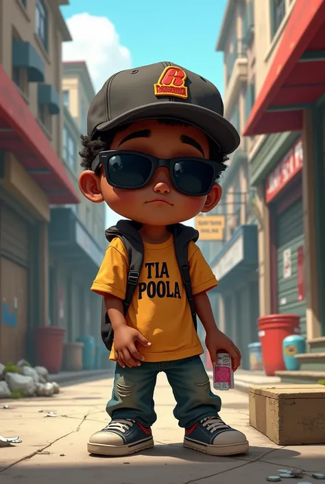 Draw animated black boy wearing dark glasses for money and wearing an NBA cap and wearing a shirt with the name Tia Paola
