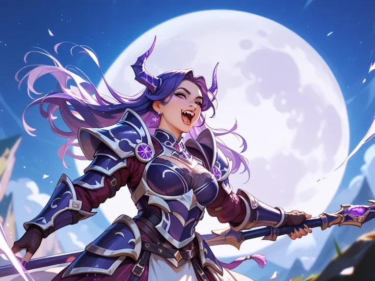  A scene where a wild girl wearing armor made of rocks is roaring with her fangs bare、Full moon night、Beautiful purple night sky 、 high definition 、 high quality、 high definition、