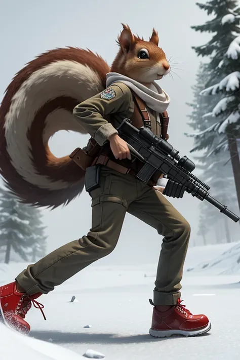 A lanky, grumpy squirrel with a submachine gun and red shoes stands amidst swirling white dust. 3d cartoon style.