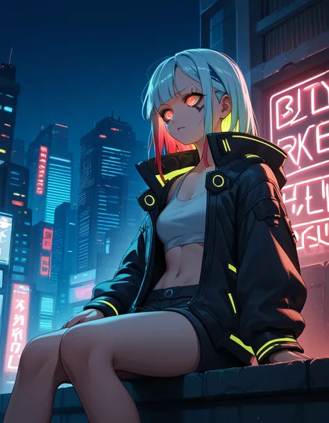 score_9, score_8_up, score_7_up, score_6_up, score_5_up, score_4_up, source_anime, BREAK, 1girl, cyberpunk, city, night, neon lights, multicolored hair, red eyes, glowing eyes, sitting, outdoors, buildings 