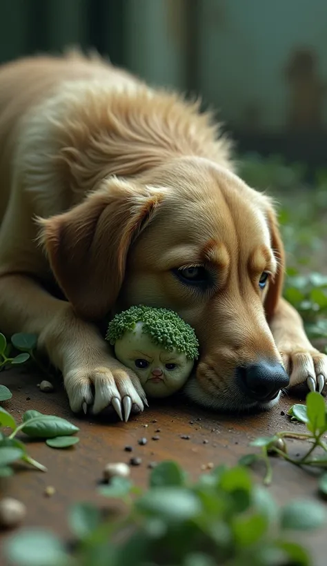 Dog is dead and baby dog is crying made of vegetable 