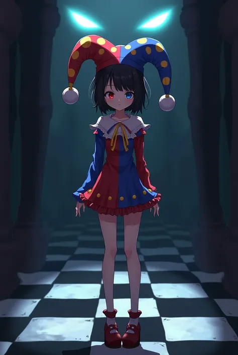 anime style, female character wearing a jester hat with alternating red, blue, and yellow patterns, short black hair, left eye blue, right eye red, jester outfit with matching red, blue, and yellow colors, jester shoes in red, blue, and yellow, shy express...