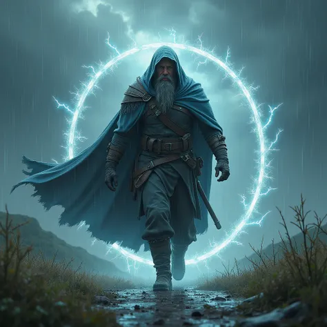 Force Warrior, Walking in the Rain, surrounded by Ball shaped energy that isolates the rain