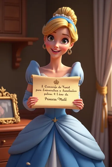 Cinderella wearing a blue dress and very happy holding a large parchment.

On the parchment is written: "Convocação Real 
Para o aniversário de 1 ano da princesa Maitê."

near Cinderella there is a beautiful photo frame