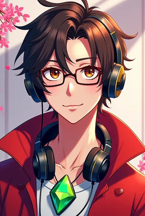 Generate me an avatar (masculine) anime style that is colorful, headphones and glasses, generalize it up to the waist, brown eyes and red jacket, green crystal necklace 