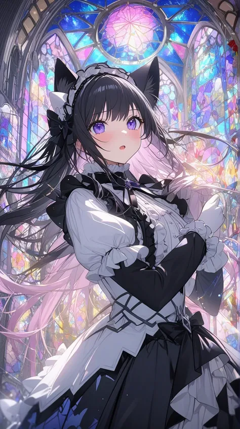 1girl, masterpiece,  best quality,  Very Aesthetic,  ultra high resolution、Maid、Maid服、Cat ears、tail、 pretty girl、Cute、Beauty、beautiful、Shake it、 imaginary、 colorful 、 embarrassed 、 is shy、 bling、 Magical Girl、Idol、 Gothic Lolita 、precious、ephemeral、Looking...