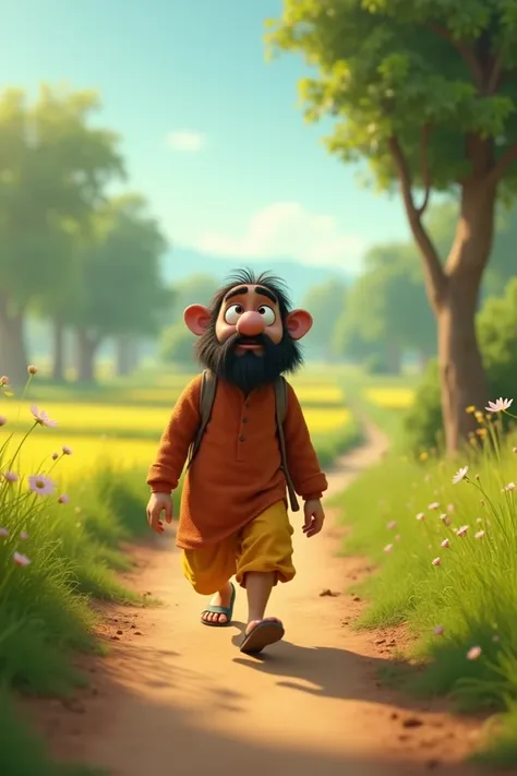 
Scene 2: Forgetting the Word

Character Appearance: Sheikh Chilli looks puzzled, muttering "Khichdi, khichdi," as he walks home.

Setting: A rural pathway surrounded by fields and trees.

Prompt:

Sheikh Chilli, walking back home, forgets the word and sta...