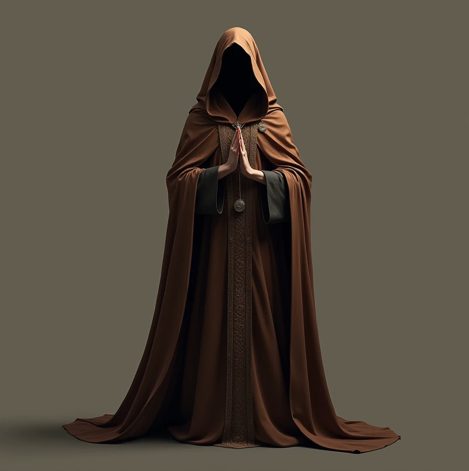  Make an image of a hooded woman wearing a bishops robe..
A uniform that a bishop would wear in the color brown  