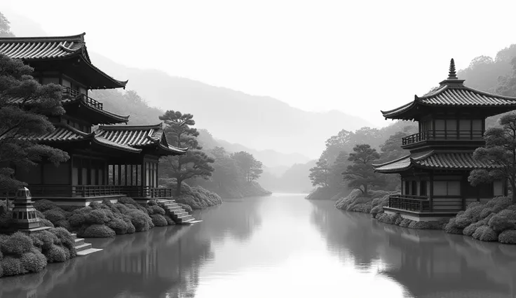 A traditional Japanese landscape, serene and tranquil, featuring the architecture of Edo-period Japan, without any human figures, rendered in the style of a monochromatic ink painting, (best quality,4k,8k,highres,masterpiece:1.2),ultra-detailed,(realistic,...