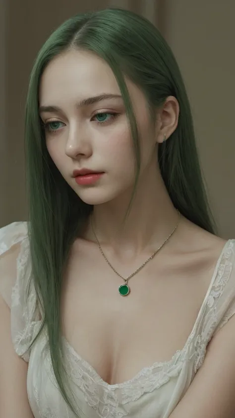 a beautiful european girl, detailed face and eyes, high quality, 2/4 shot, round face, half-closed eyes, green eyes, long straight hair, green hair, red lips, extreme sadness, depressed, emerald necklace