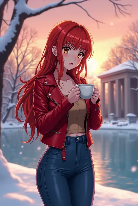 Winter sunrise on frozen lake a girl with big breasts blue leather jeans red leather jacket big breasts big mouth big brown eyes state bank behind tea in hand trees beside with snow on them anime redhead woman 