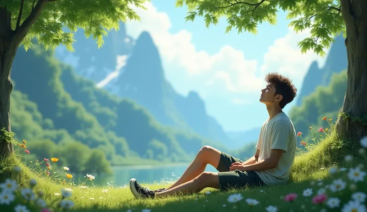 Young man resting in the shade of a mountain park while breathing in the cool breeze