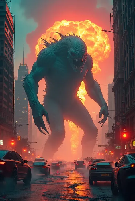 Retro sci-fi horror movie poster, cinematic quality, of a giant lovecraftian monster attacking a cyberpunk city, large scale military combat scene, nuclear explosions in the background, psychedelic colors, ultra detailed, masterpiece