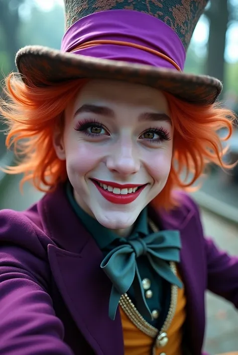 Fake selfie of Jimin from BTS dressed as a crazy hatter. realistic.