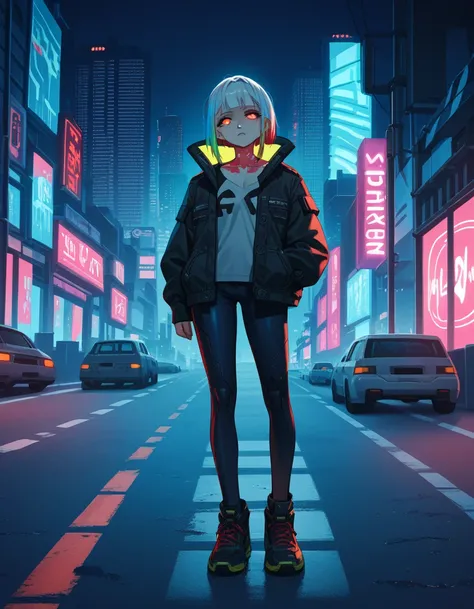 score_9, score_8_up, score_7_up, score_6_up, score_5_up, score_4_up, source_anime, BREAK, 1girl, cyberpunk, city, night, neon lights, multicolored hair, red eyes, glowing eyes, outdoors, buildings,road,