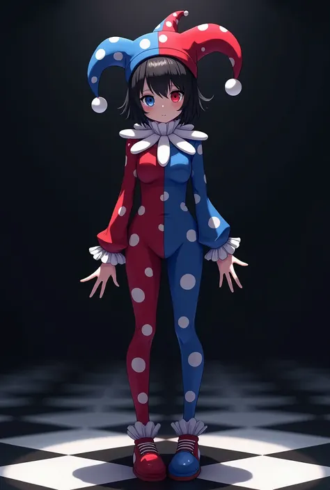 anime style, female character wearing a jester hat with alternating red and blue patterns, short black hair, left eye blue, right eye red, jester outfit with matching red and blue colors, jester shoes in red and blue, shy expression, height 1.75 meters, st...