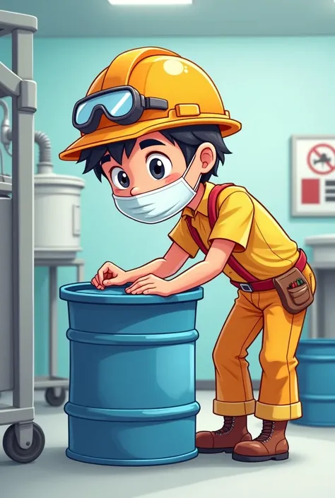 simple cartoon drawing of a male student with PPE weighing solid waste in a 200-liter turril