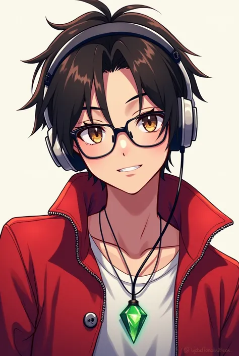 Generate me an avatar (masculine) anime style that is colorful, headphones and glasses, generalize it up to the waist, brown eyes and red jacket, green slim crystal necklace 