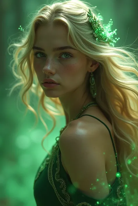  Creates a forehead image of an epic hero from the time of ancient Greece,his power was to heal wounds , he is represented by the color green ,She is a teenager with blond hair