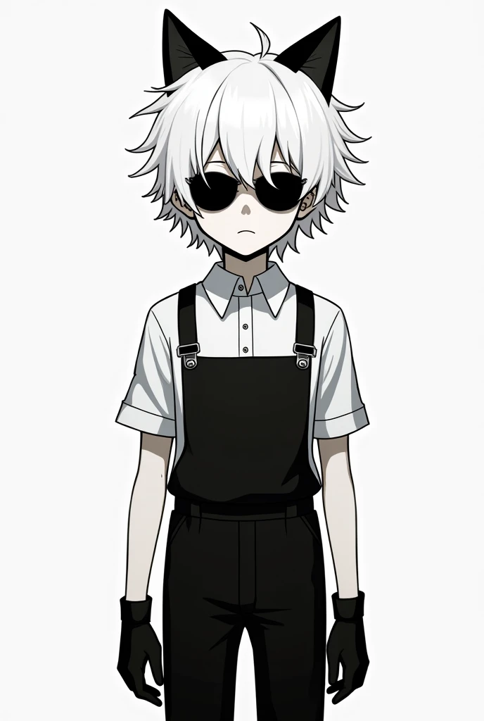  a boy in a black and white work uniform with black pants, short white hair, messy with cat ears ,  with black gloves ,  black lenses and full body  