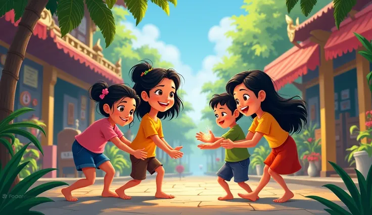 anime,disney films style,thai people,rescue,sharing,kindness