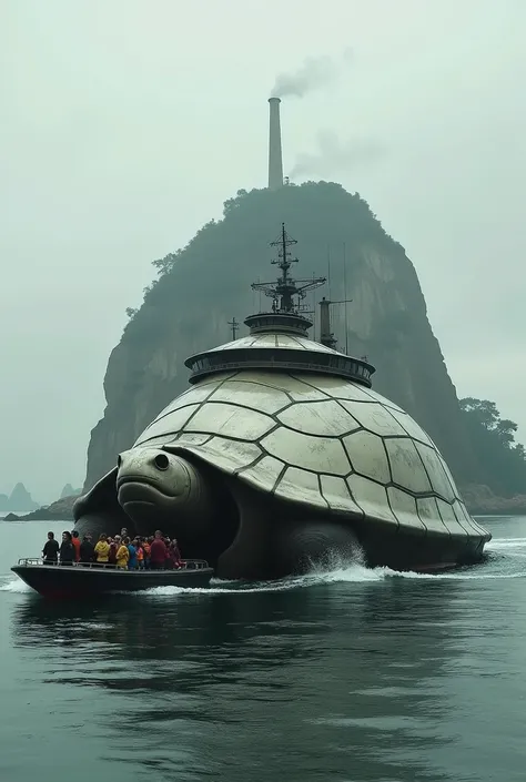  Create a ship that is shaped like a turtle shell but is made of metal cladding and the part where the turtles neck goes is an entrance to the boat,  and that there is a ferry that is transporting fat people to the ship shaped like a turtle shell with a fo...