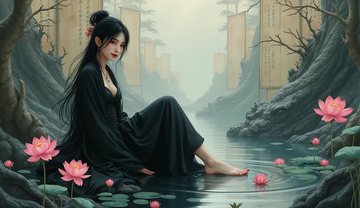 ((4K,masterpiece, best quality )), Ink Bismuth,   monster corpses surrounding traditional Chinese paintings, lotus, Hanfu, Black Hanfu，(Dress conservatively:1.3),1 Girl, solitary,  long black hair ,  Smile, Sitting, 脚在水面上, barefoot， gorgeous makeup ，prosti...