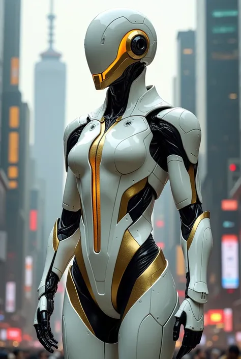 Cyborg, White And Golden Suit, Beautiful Combination Of Colors White And Golden Color, Full Body, Mask, Marvelous, Awesome, Realistic, High Detailed, Background In City