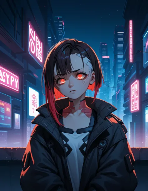 score_9, score_8_up, score_7_up, score_6_up, score_5_up, score_4_up, source_anime, BREAK, 1girl, cyberpunk, city, night, neon lights, multicolored hair, red eyes, glowing eyes, outdoors, buildings,fly,