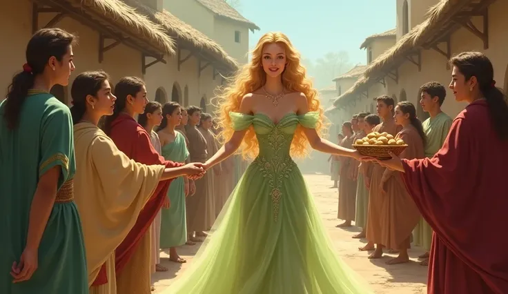 A princess with smooth, wavy golden hair, wearing a long, pale lime-green dress, is walking into a poor village, handing out bread to the ren.