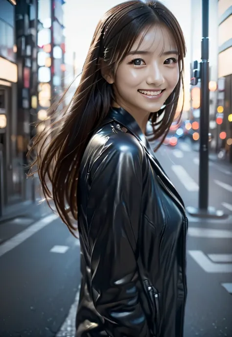 (((City:1.3, outdoor,Photographed from the front))), ((long hair:1.3,leather,japanese woman,Smile,cute)), (clean, natural makeup), (highest quality, masterpiece:1.3, 超High resolution), (Super detailed, caustics), (realistic:1.4, RAW shooting), very detaile...