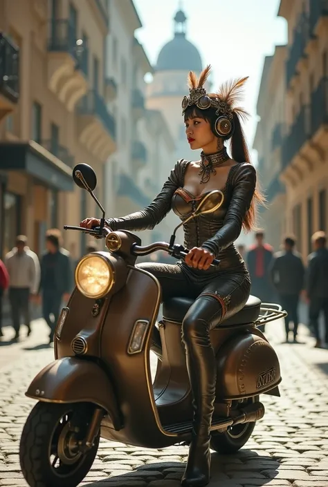 Inviting messages
The film footage of a Korean woman in a steampunk outfit, seated and holding a detailed scooter. She wears a tight-fitting outfit with gear and wood, steampunk design cargo pants and crown-like headphones with multiple glasses and feather...