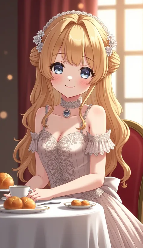 An anime-style illustration of a beautiful girl wearing an elegant Baroque-style lace gown. She has a delicate face, fair skin, and long golden hair styled into an updo with exquisite hair accessories, along with slightly curled bangs. She has a pair of gr...