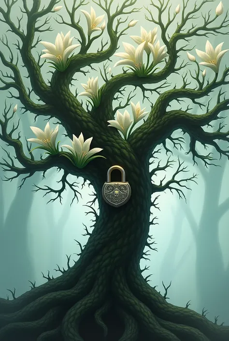 Stylized tree wrapped with thorns and white lilies with a lock in the center of the tree.