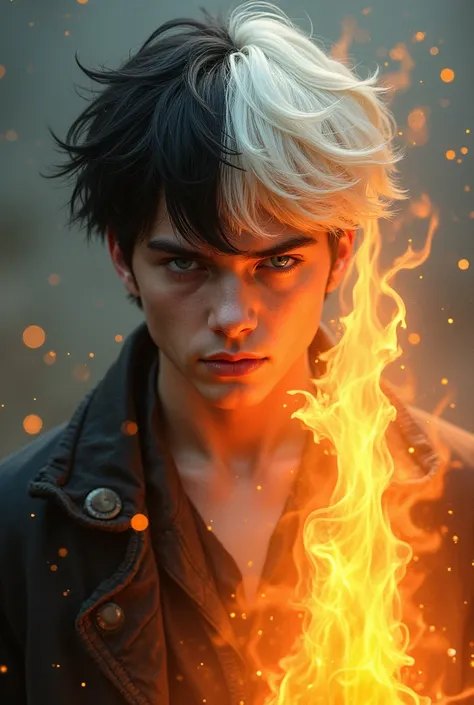 A young dark-haired man with half his white hair and the other half black , With blue eyes next to a young man the pillar of the flame 