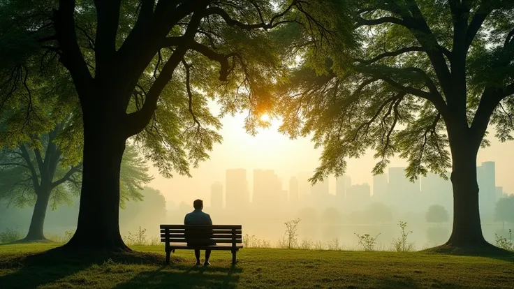 A solitary figure seated comfortably on an aged wooden bench in the early embrace of dawn, nestled within the serene sanctuary of a park. The surrounding landscape is adorned with towering, lush trees that stretch their limbs heavenward, their dense foliag...