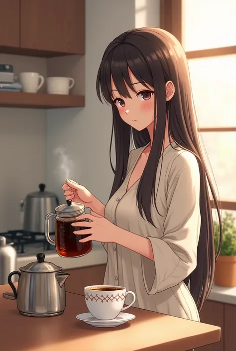 Illustration of a female character with long straight hair making coffee