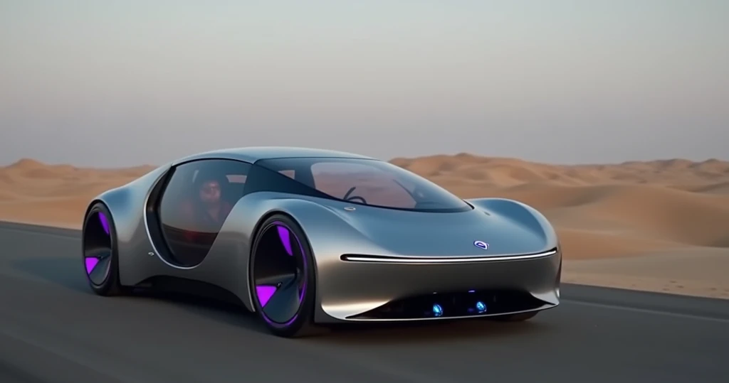  
"A futuristic concept car with a sleek silver exterior, transparent glass doors, and a streamlined, pod-like design. The car features glowing neon wheels with a vibrant purple and blue light pattern resembling flower petals. The interior is fully visible...