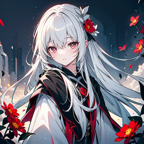  1 girl ,Alone, 1 girl ,Alone,(( BEAUTIFUL AND DETAILED EYES )), (Detailed light), depth of writing,(Gray Hair), Silver Eyes , hair covering one eye ,(Red Flower ),  hair flower,Long Hair,Black Cape,Wet,No emotion,Looking Back,  knight ,Starfall, Its raini...