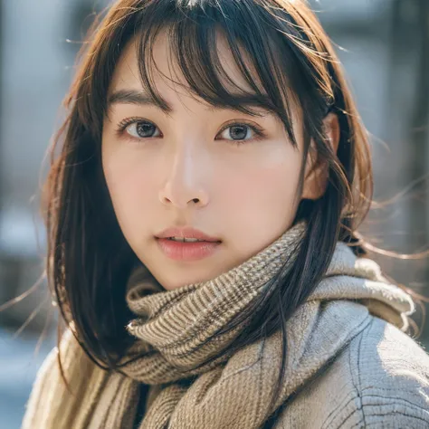 A hyper-realistic image of a single Japanese woman in her early 20s, captured with the strong nostalgic warmth and pronounced graininess of a film camera. She is dressed in winter attire, with a textured coat and scarf that convey a sense of warmth, while ...