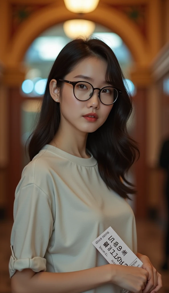 close-up of beautiful korean female, 34 inch breasts size, wearing rolled sleeves t-shirt, glasses, holding movie ticket, at the cinema entrance in front cinema entrance door, bokeh background, UHD 