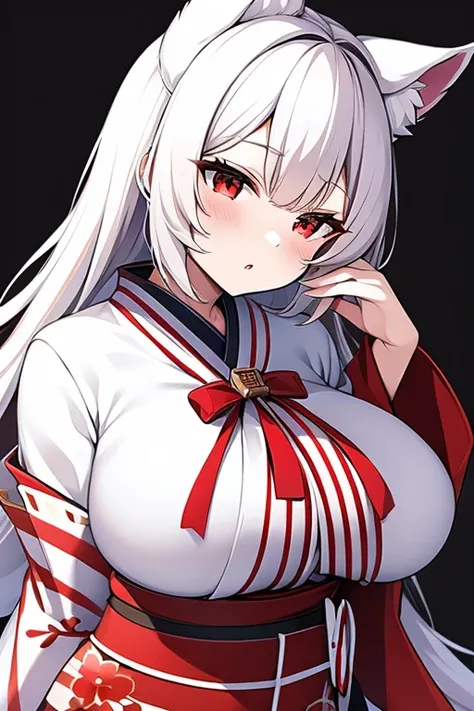 Nina Kosaka Vtuber, White-haired Kitsune ,  white ears and six white tails. big breasted. Red eyes and red stripes on the cheek. kimono