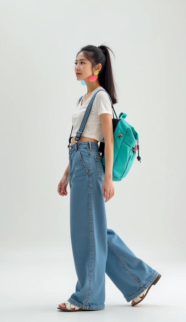 Full body photo, realistic, white background, single person, 25-year-old Asian young girl, perfect face, makeup, ponytail, dark wide leg suspender jeans, fashionable clothing, colorful earrings, youthful and cute style, short sleeved, backpack, full body