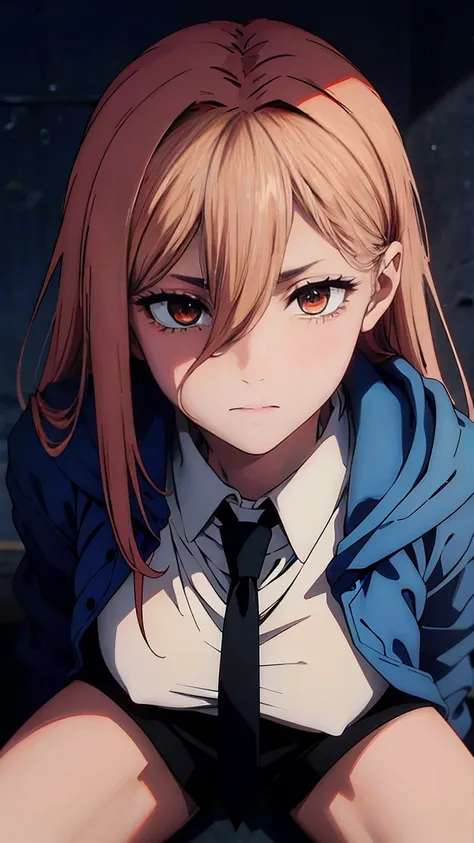   anime ultra-detailed   , power , smug, closeup face arrogant , very sexy,  body close, portrait, black pants, tucked pants , sneakers,  shirt with tie,  blue sweatshirt , hooded jacket,  long socks,  standing in front   ,   