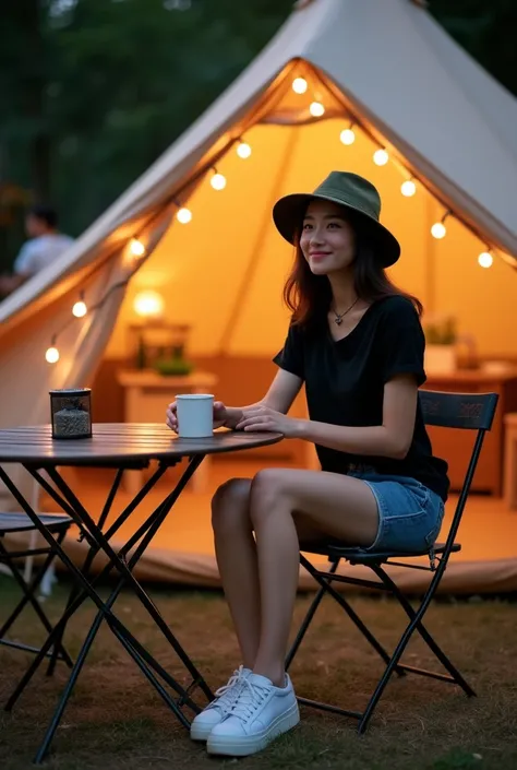 A full body to feet high detailed of a beautiful young Thai woman, petite, in black t-shirt, denim shorts, military green outdoor hat and white sport shoes.
She is sitting on a 2-chair camping table set, holding a hot coffee mug, in front of a beige 8-pers...