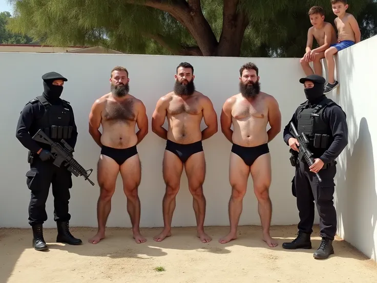 Five hairy, strong, shaggy bearded men standing in briefs with their hands raised behind their heads being searched by two police officers in black tactical military police uniforms., rota, elite, black beret, armed with a rifle , black quails,  on a plot ...